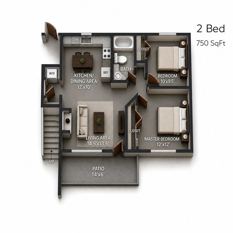 Floor plan for 2 beds, 1 bath, 750 sqft